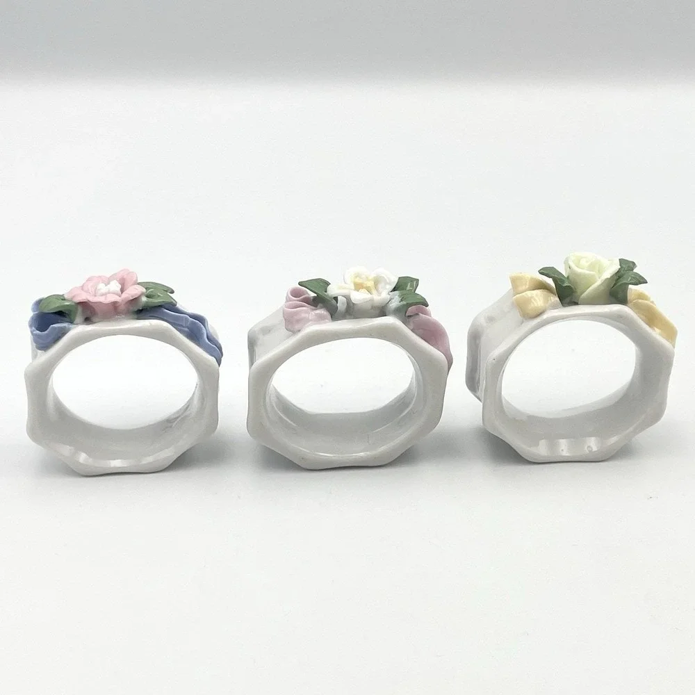 Vintage 1980s Porcelain Floral Napkin Rings Set of 6 Applied Flowers Pastel